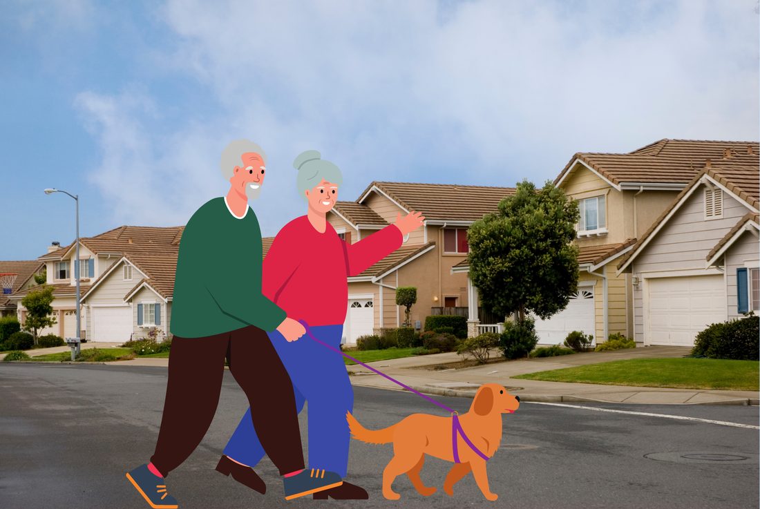 Jerry and Pam walking their dog past suburban homes