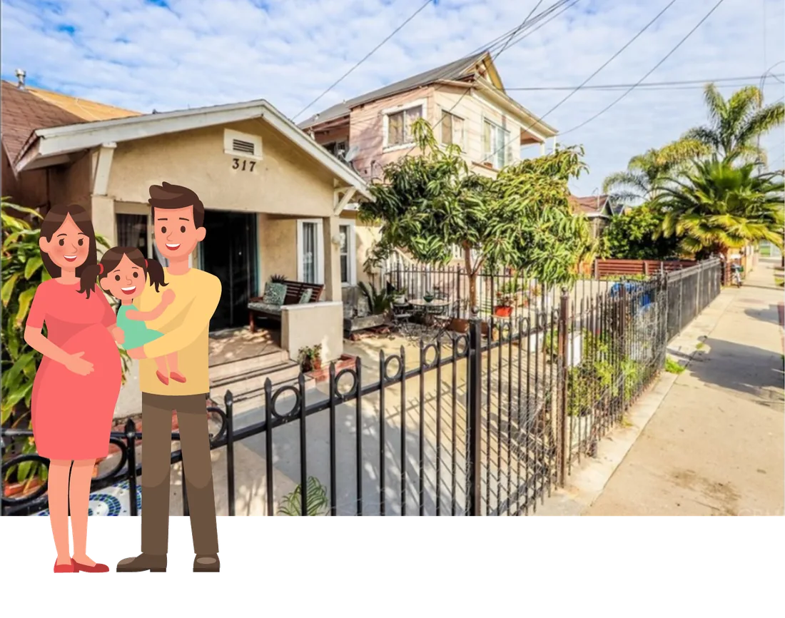 Jorge and Mayra with their daughter outside a rented bungalow